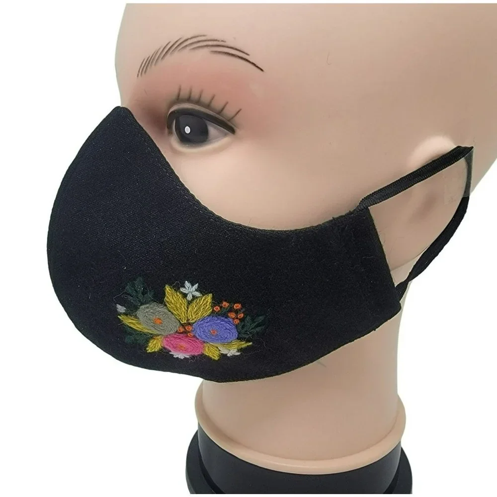 New Face cover ear loop black Mask Women's Embroidered handmade bouquet flowers